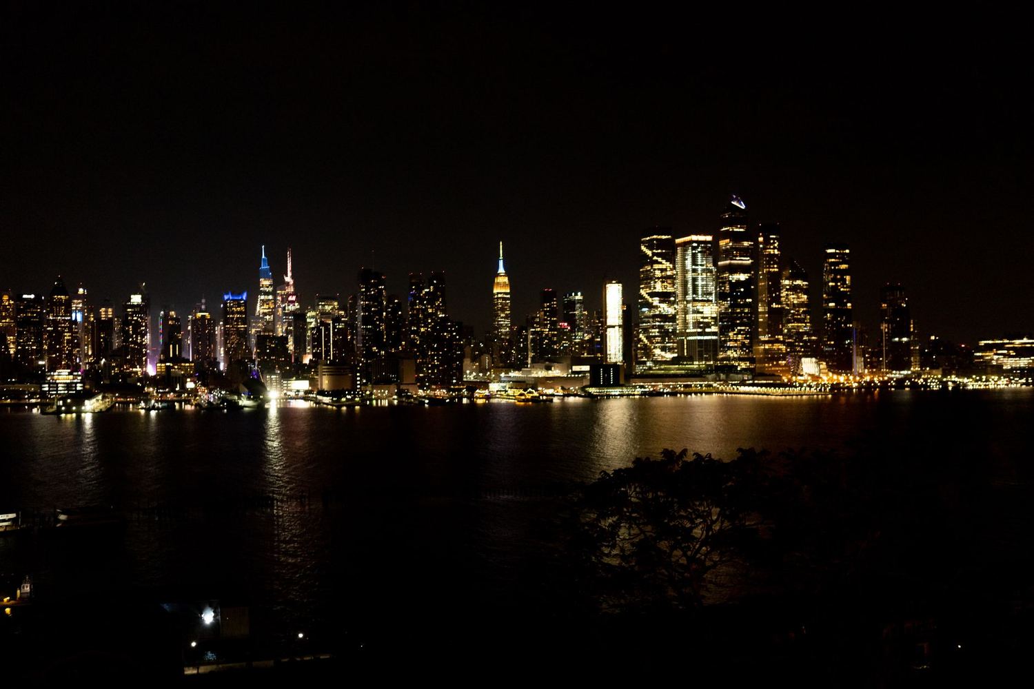 A city skyline at dusk